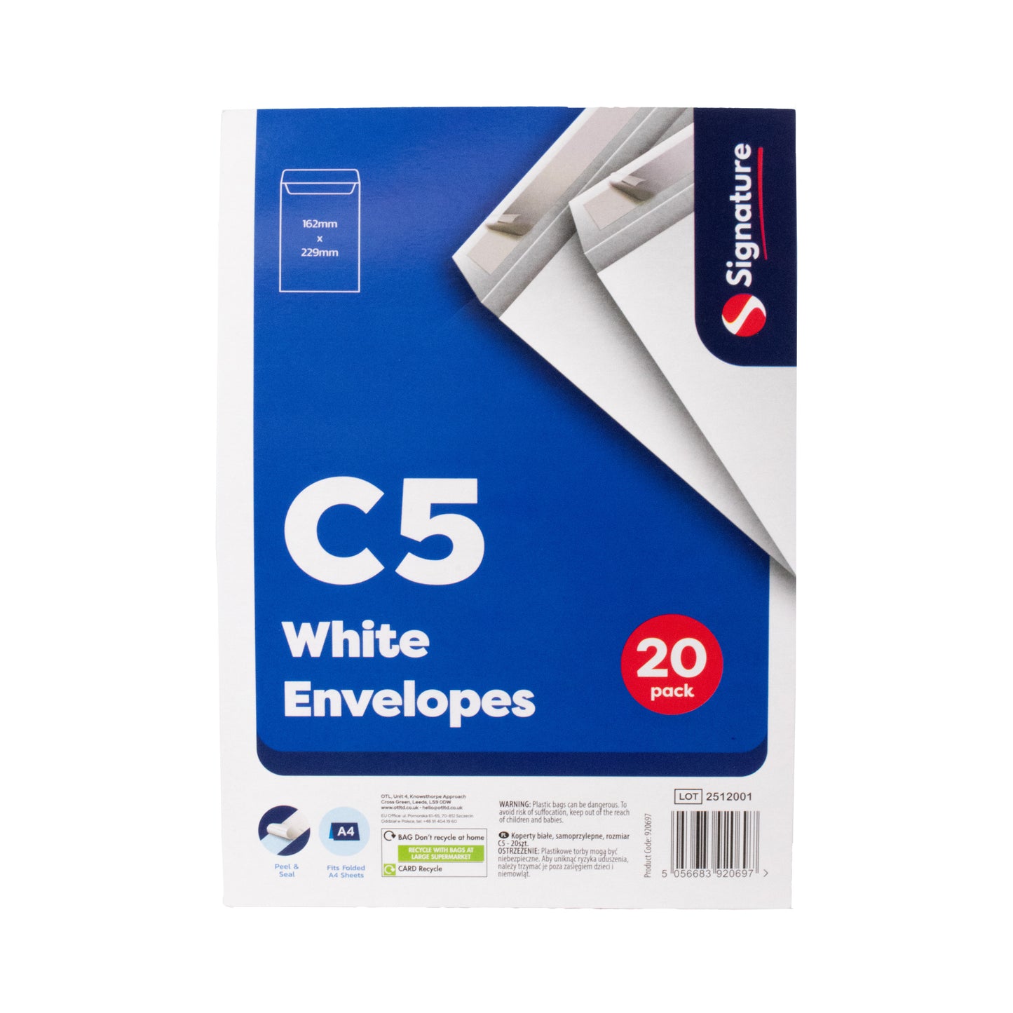 White peel and Seal C5 envelope 20Pk