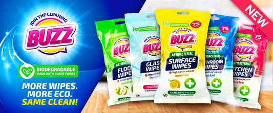BUZZ biodegradable cleaning wipes range, featuring colourful packs for floor, glass, surface, bathroom and kitchen cleaning, made with plant fibres. 