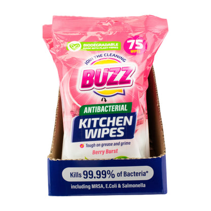 Buzz Biodegradable Kitchen Anti-Bac Wipes 75pk Berry Burst