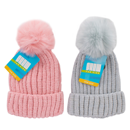 Girls Hat Chenille with Faux Fur Pom Pom