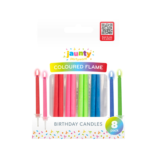 Jaunty Coloured Flame Candles 8pk Clipstrip