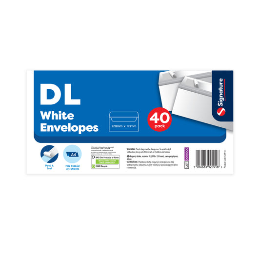 DL size white envelopes peel and seal Pack of 40