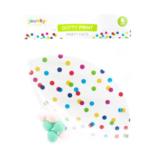 Jaunty 6" Confetti Print Party Hats with Pom Pom 6pcs