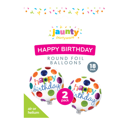 Jaunty 18" Round Foil Happy Birthday Balloon 2pk