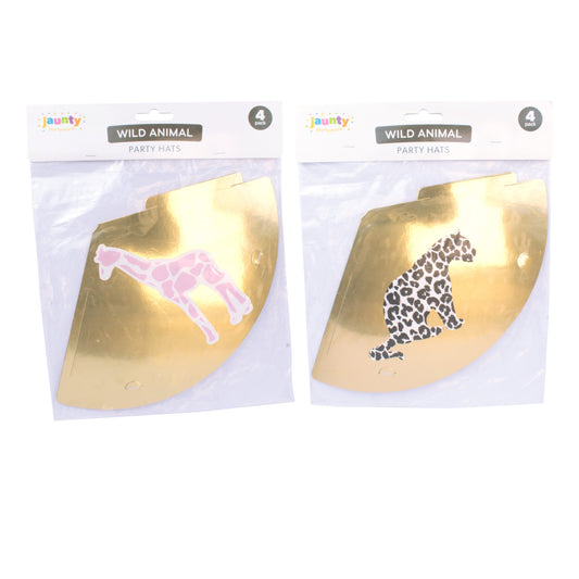 Jaunty 6" Metallic Gold Party Hats 4pcs (Leopard & Giraffe Mix)