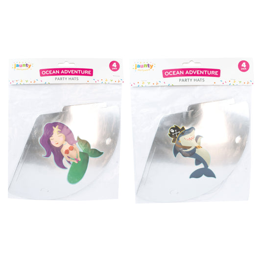 Jaunty 6" Metallic Silver Party Hats 4pcs (Shark & Mermaid Mix)