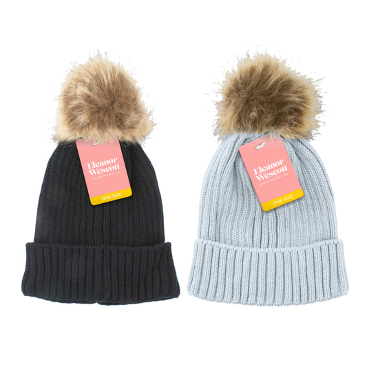 Womens Hat with Faux Fur Pom Pom
