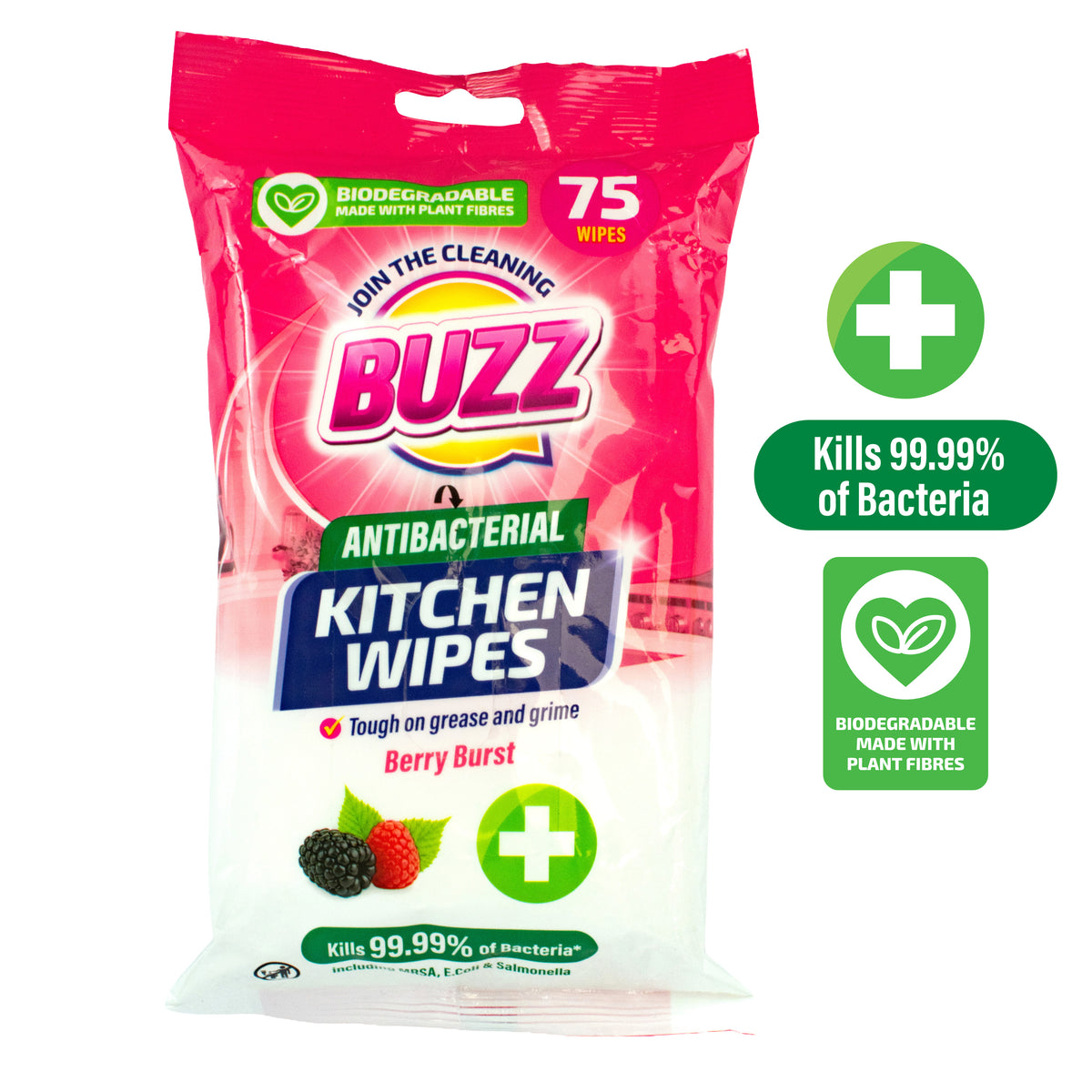 Buzz Biodegradable Kitchen Anti-Bac Wipes 75pk Berry Burst